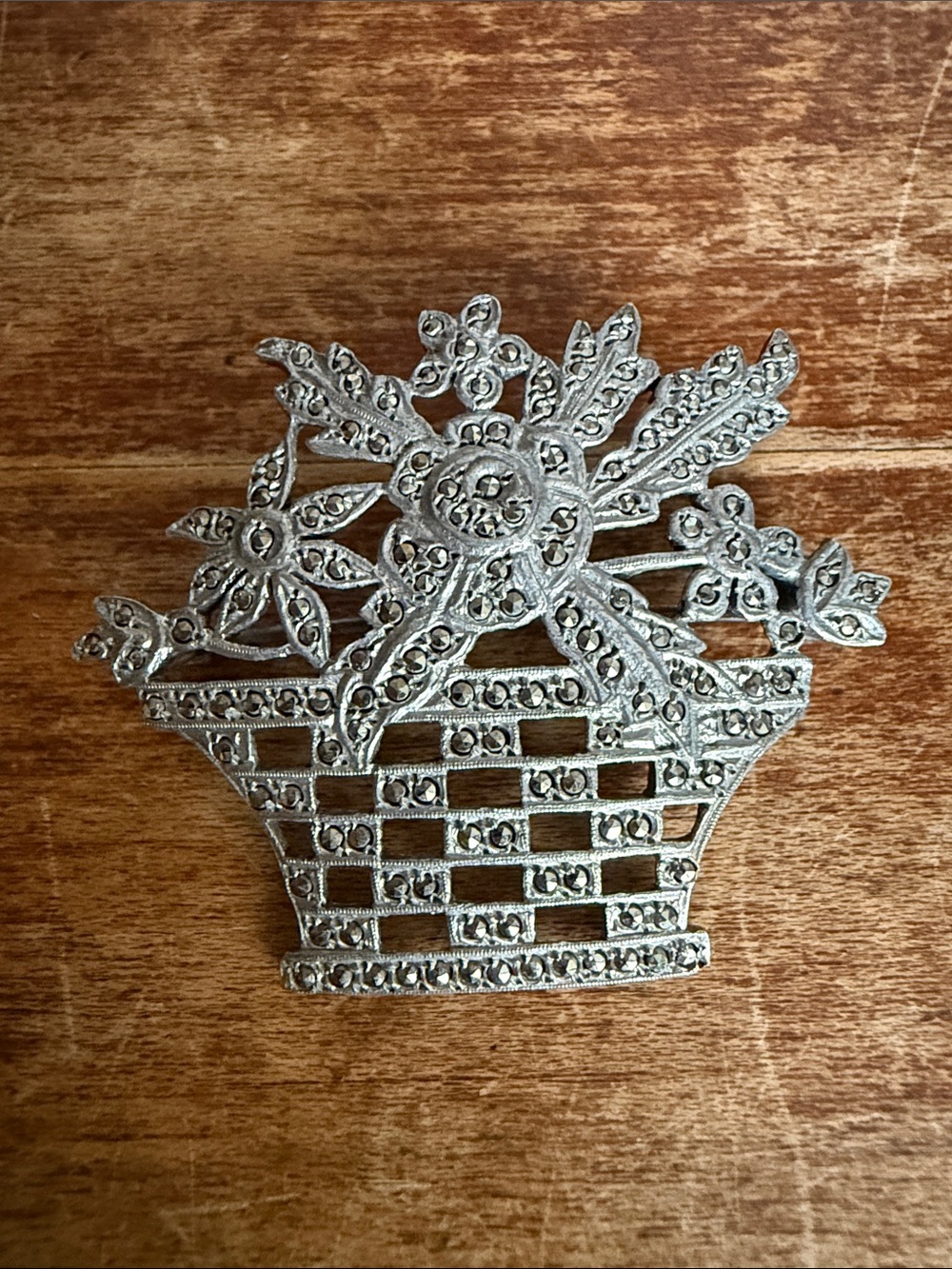 Sterling Silver Vintage Floral Basket Brooch -